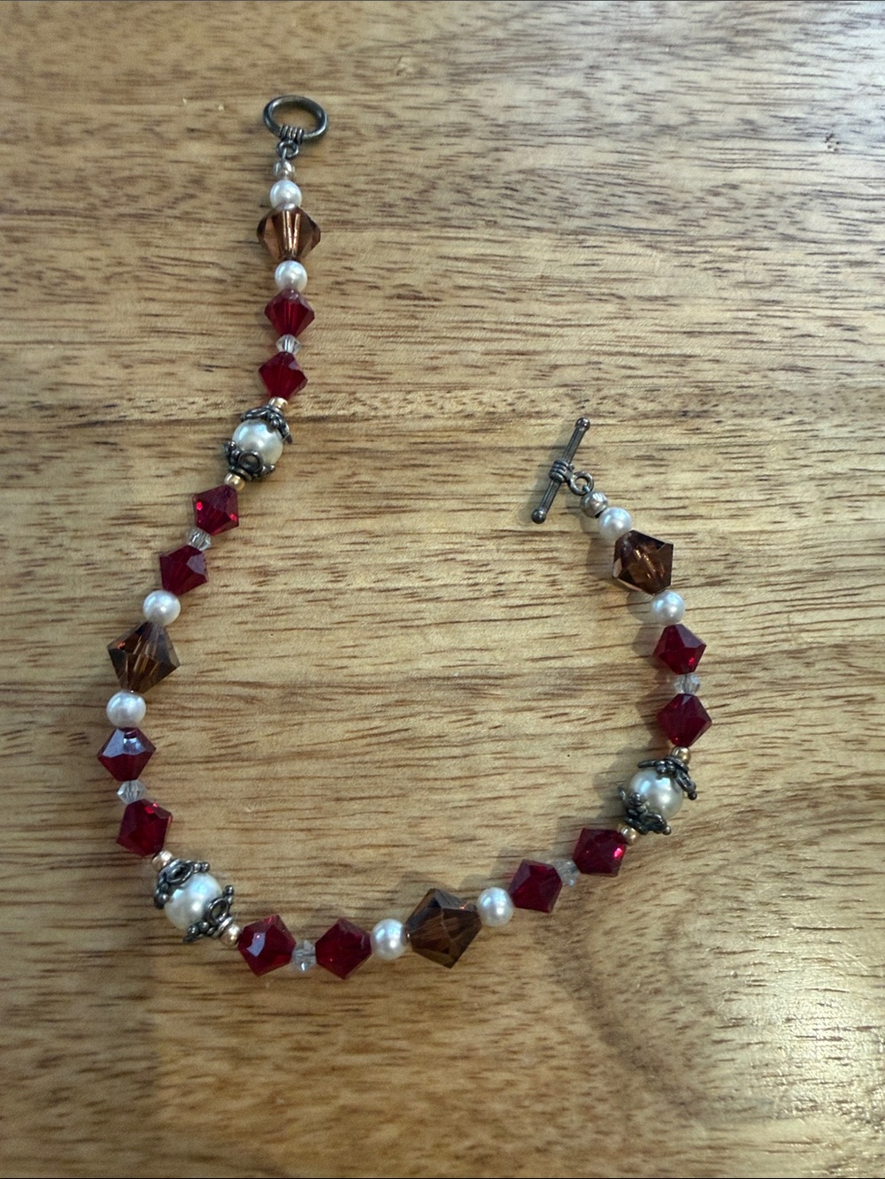 Handcrafted Red and Amber Beaded Bracelet with Pearls